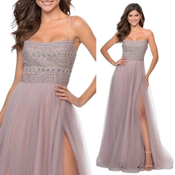 LA FEMME Beaded Bodice Cross Back Mauve Formal Tulle Gown - Picture 1 of 15